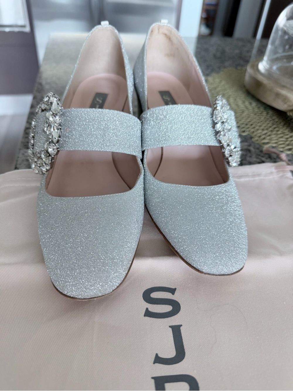 SJP by Sarah Jessica Parker Silver Glitter Mary Jane Flats with Crystal Buckle